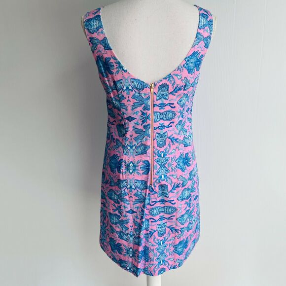 Kaeli Smith Annie Dress Mirror Fish Print Pink Blue Sleeveless Scoop Neck Size 8 - Picture 5 of 9